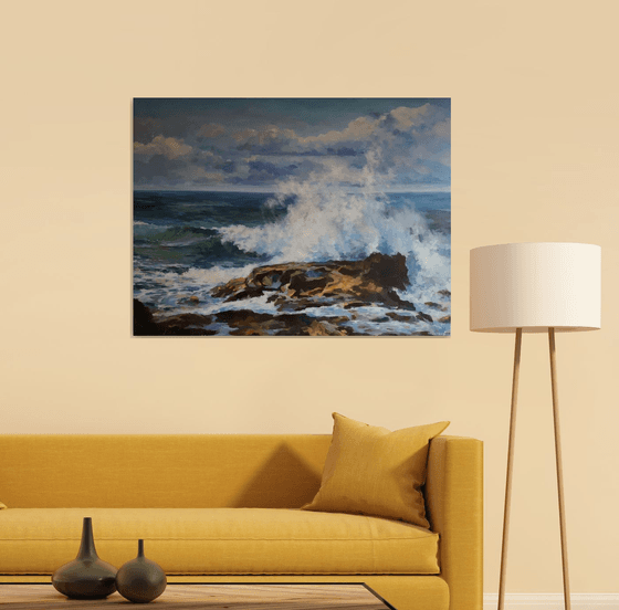 Sun on the ocean wave, original one of a kind acrylic on wide edges canvas seascape