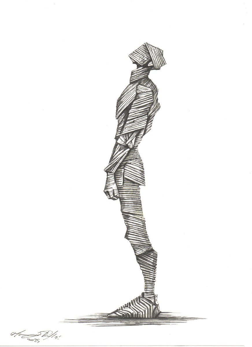 Expressive Portrait Ink Drawing By Maurizio Puglisi, 8 X 11", Pierced By A Ray Of Sunlight, Original Artwork