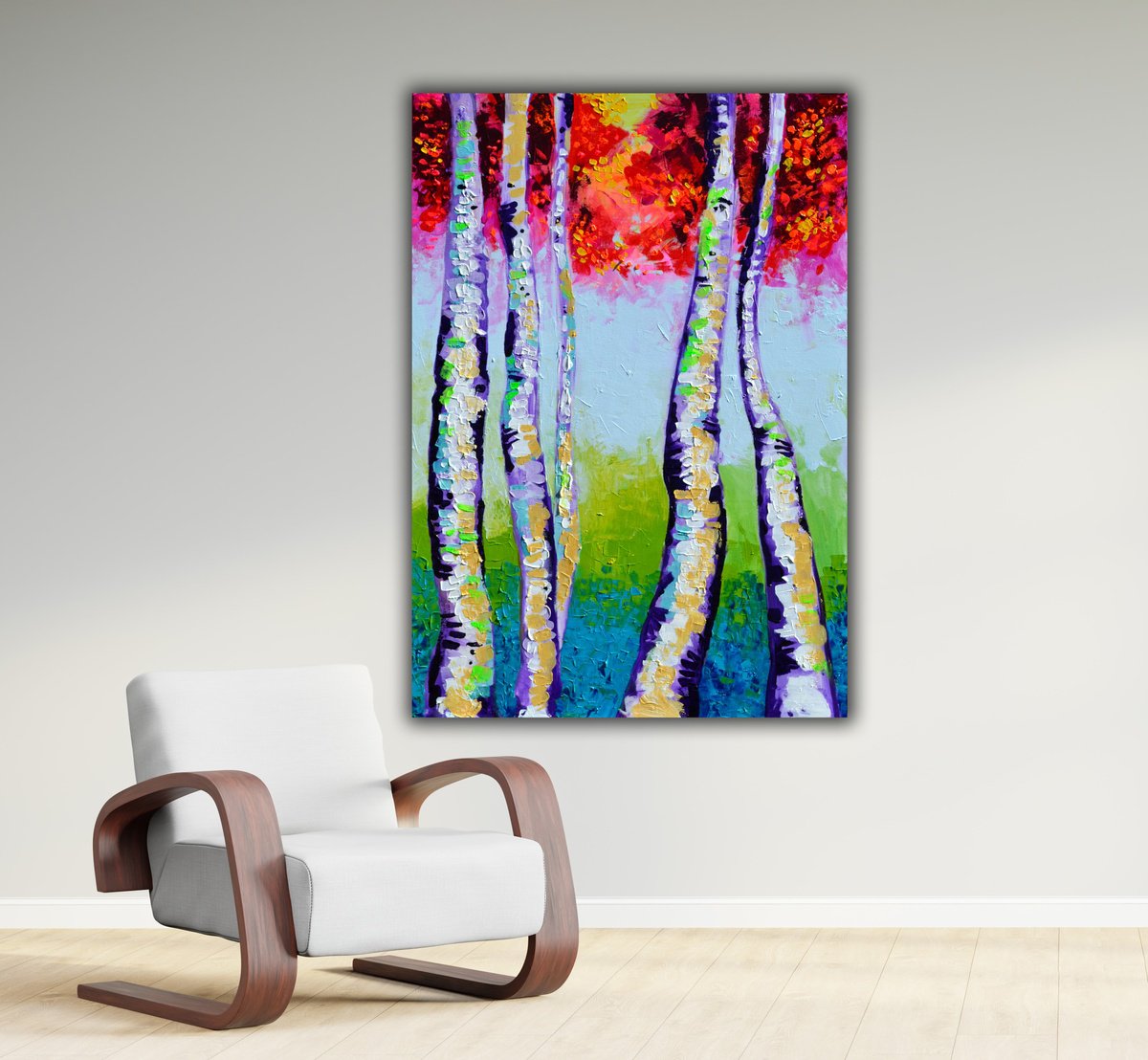 Impressionistic Botanical Acrylic Painting By Soos Tiberiu, 28 X 39", Autumn Magic Birch Forest, Original Artwork