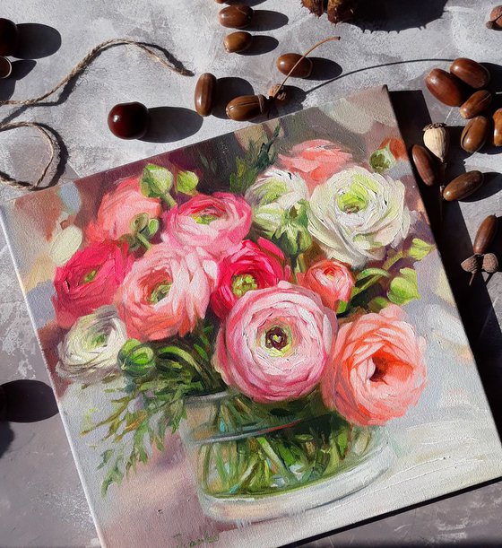 Ranunculus flowers oil painting on canvas, floral painting