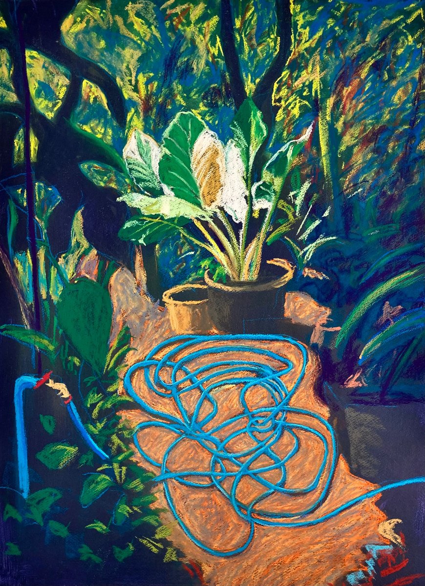 Impressionistic Botanical Pastel Drawing By John Cottee, 22 X 30, Garden Hose., Original Artwork