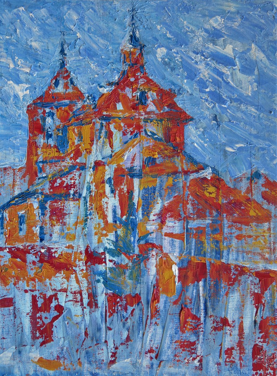 Impressionistic Cityscapes Acrylic Painting By Denys Kuvaiev, 12 X 16, Art Painting Of The Convento Carmelitas Descalzos In Alba De Tormes, Artfinder