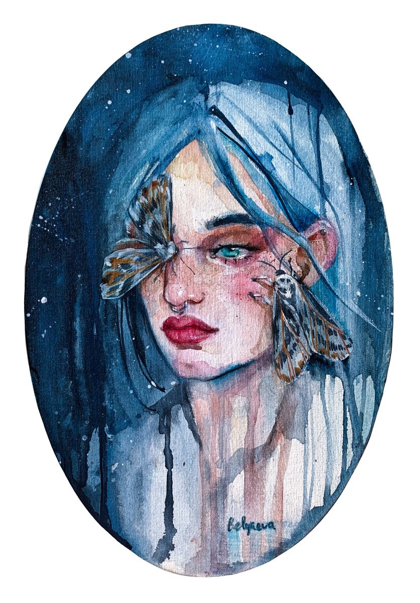 Portrait Watercolour By Belyaeva Oleksandra, 12 X 16, Moths, Original Artwork