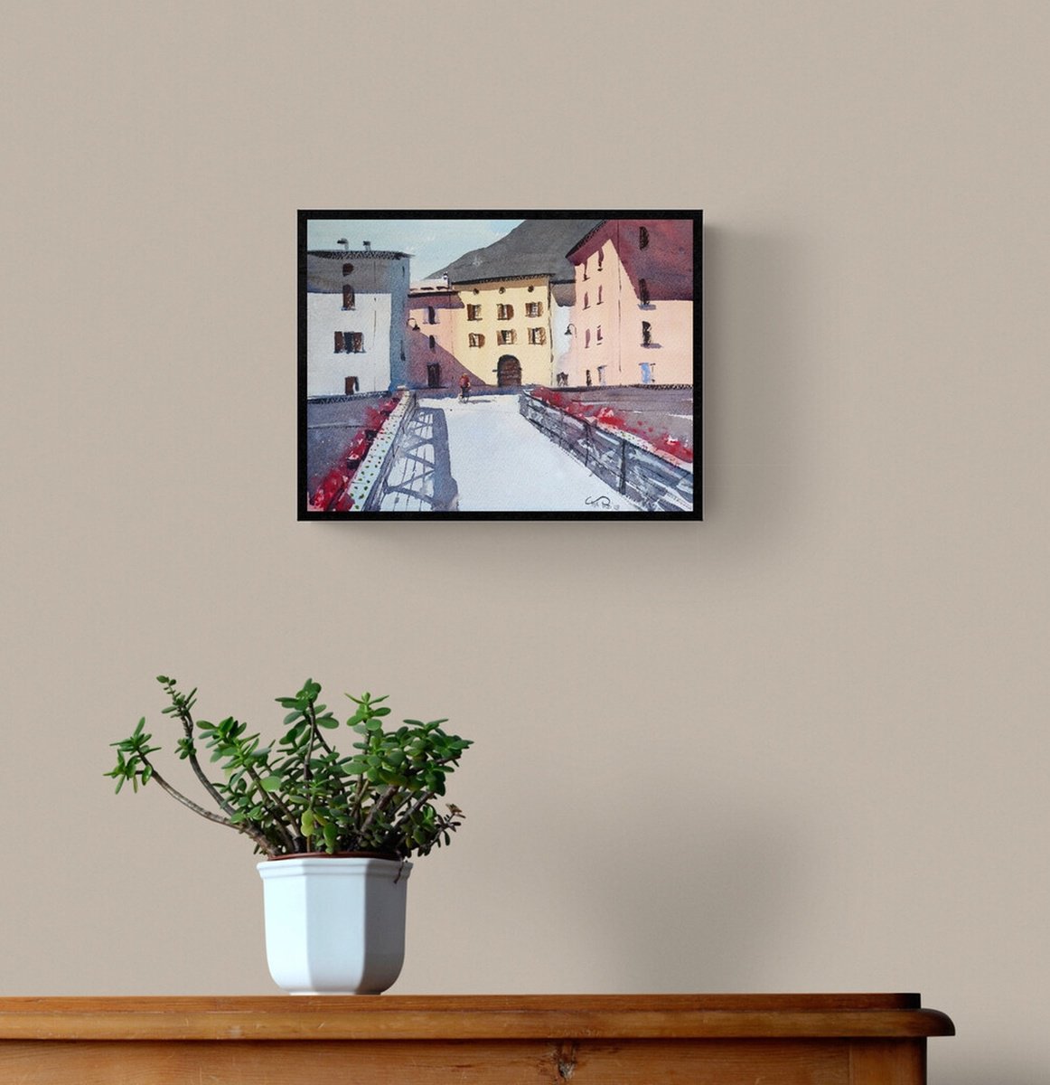 Expressive Cityscapes Watercolour By Tollo Pozzi, 16 X 12", Old Bridge In Tirano, Italy, Original Artwork