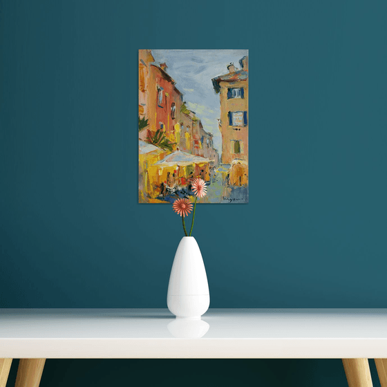 Cafe in Rome . Street light. Italian holiday series.  Original plein air oil painting .