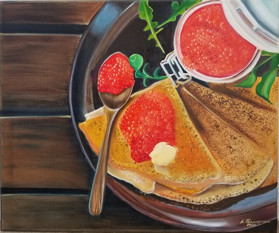 Crepes with Caviar. Russian Maslenitsa. Spectacular interior painting with Russian crepes and caviar. Original Oil Painting on Canvas.