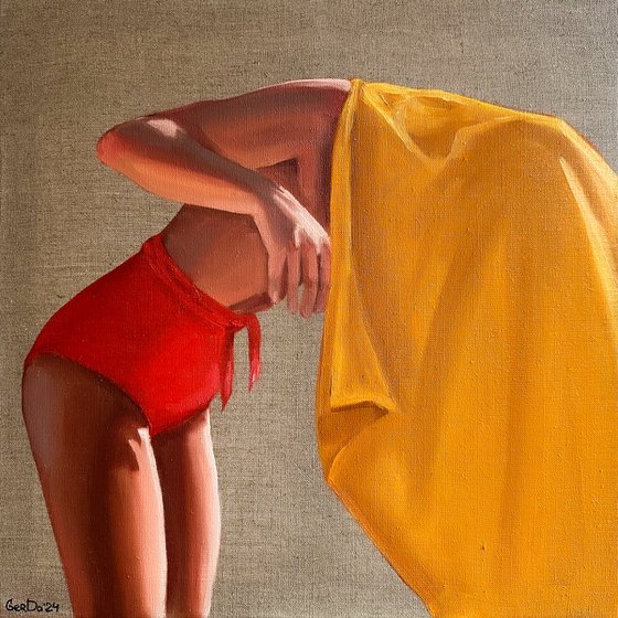 Girl with Yellow Towel - Woman on Beach Painting