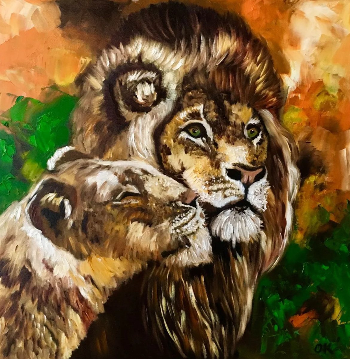 Impressionistic Animal Oil Painting By Olga Koval, 20 X 20", Lions . Happy Couple., Original Artwork
