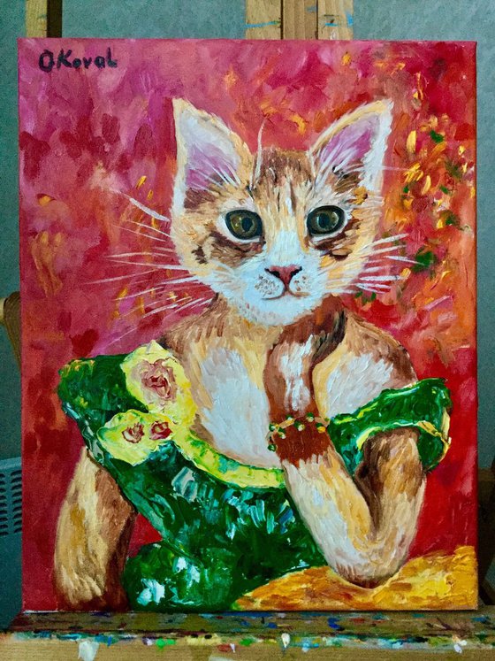 CAT LA MADAME JEANNE  SAMARY. FELINE ART. Painting  for cat lovers.
