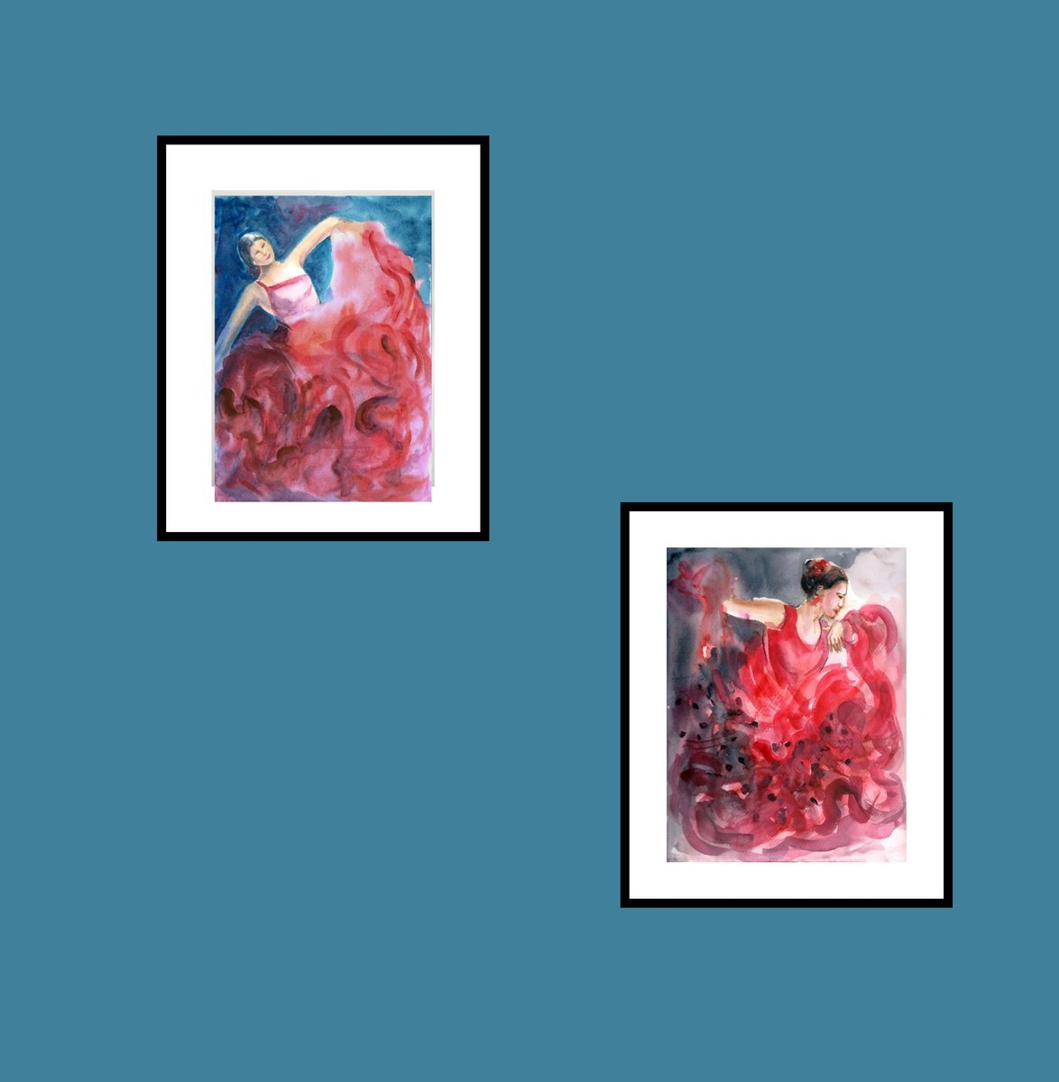 Impressionistic Portrait Watercolour By Asha Shenoy, 9 X 12, Two Flamenco Dancers In Red, Original Artwork