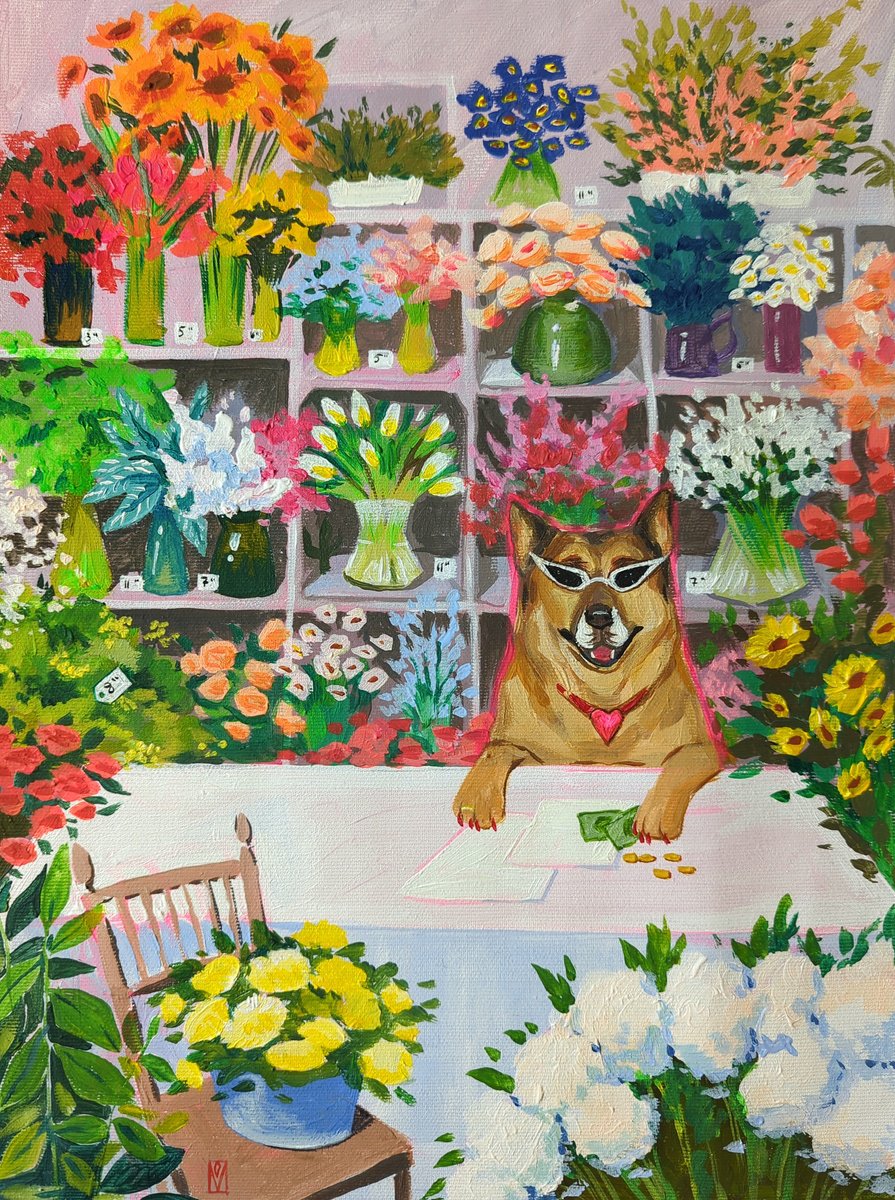 Illustrative Animal Acrylic Painting By Olha Vlasova, 12 X 16", Flower Boutique, Original Artwork