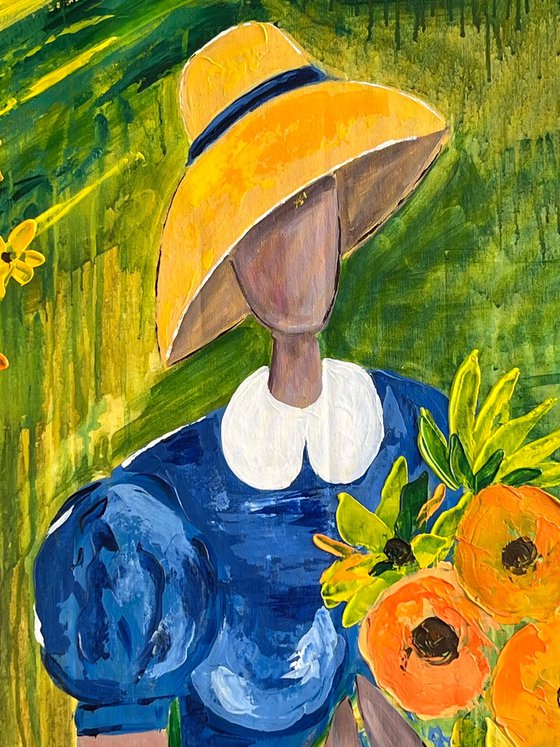 Woman with Sunflowers Painting