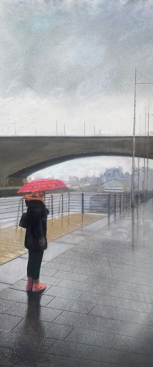 'Rainy Day in Scotland' Oil Painting of women with red umbrella by Simon Jones