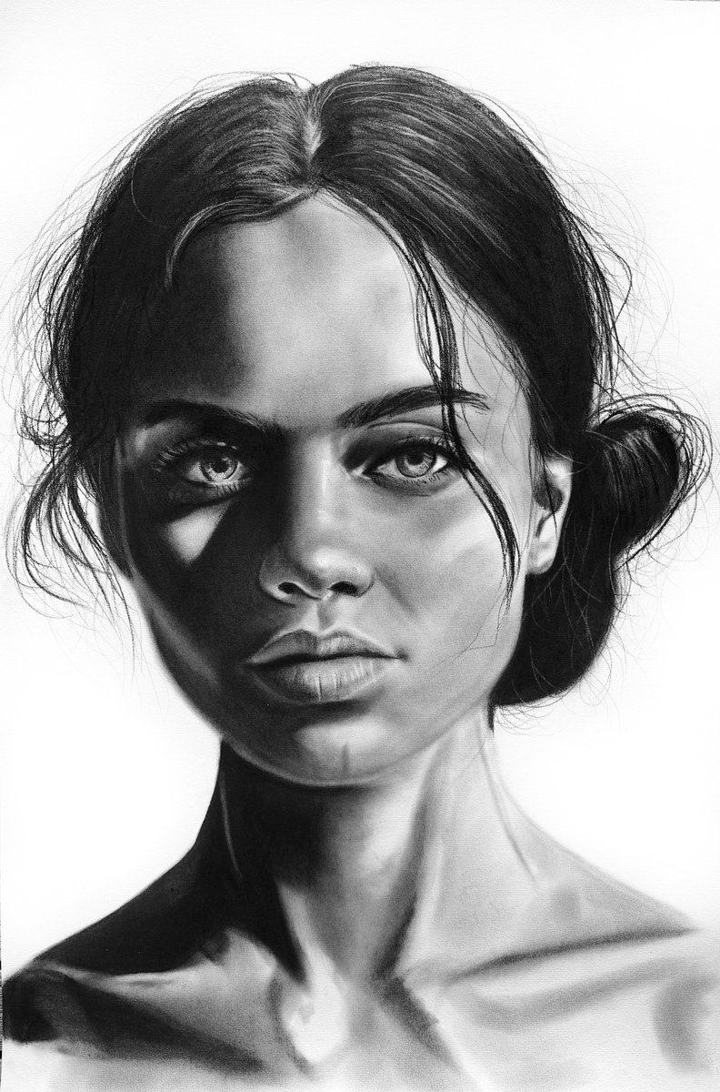 Photorealistic Portrait Charcoal Drawing By Denny Stoekenbroek, 16 X 24, Beyond The Shadows, Original Artwork