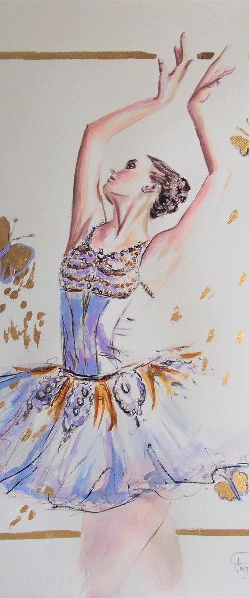 Butterfly-Ballerina painting-Ballet painting-ballerina watercolor, mixed media painting on paper by Antigoni Tziora