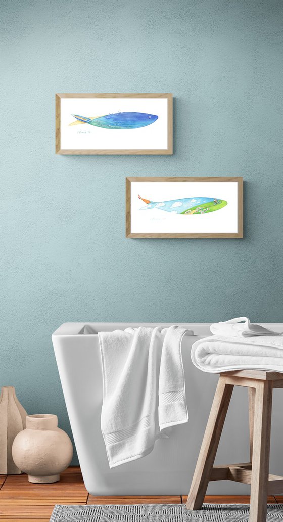 Flight of a kite 42x20cm. Sea Symphony 42x20cm. Set from the series My Sardines / ORIGINAL art Fish picture