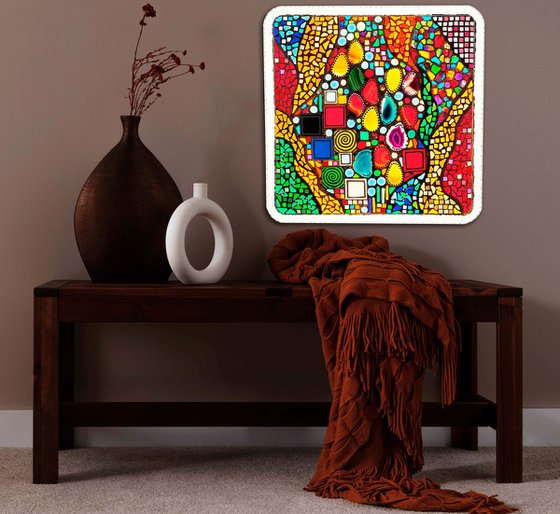 Colorful Dreams - Stained glass window backlight wall sculpture with Precious stones. Decorative colorful mosaic painting, glass art Lamp