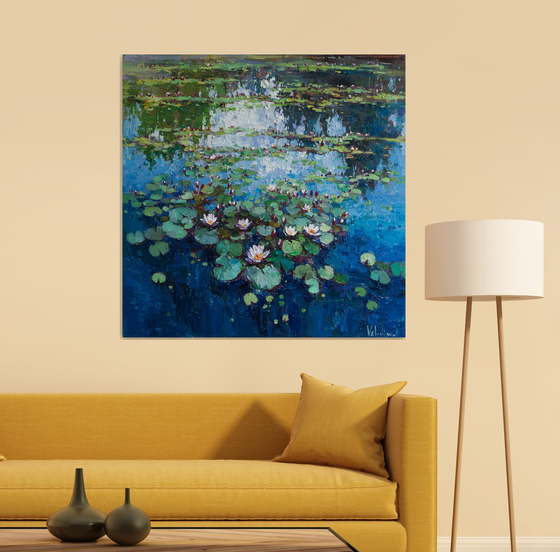 Water Lilies - Large pond flowers Impasto Original Oil painting Oil ...