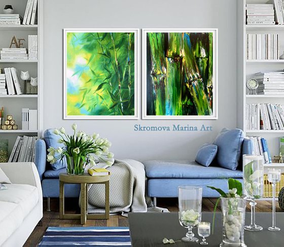 GREEN PORTAL - Set. Modern diptych with a green leaves. Painting with a wood landscape on canvas. Green bamboo oil painting.