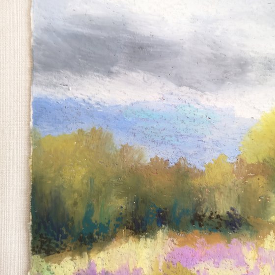Landscape with lavender field, oil pastel painting