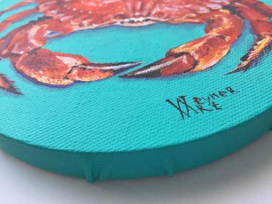 Crab and lemon. Round painting, home decor.