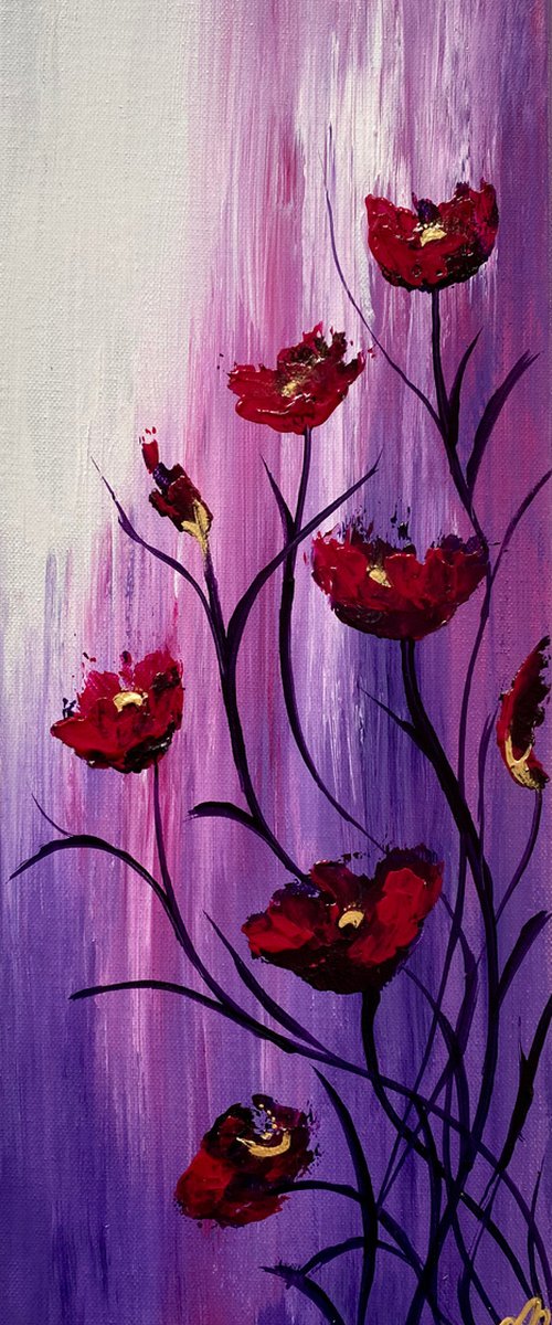 Abstract Poppies on an Elongated Canvas by Marja Brown
