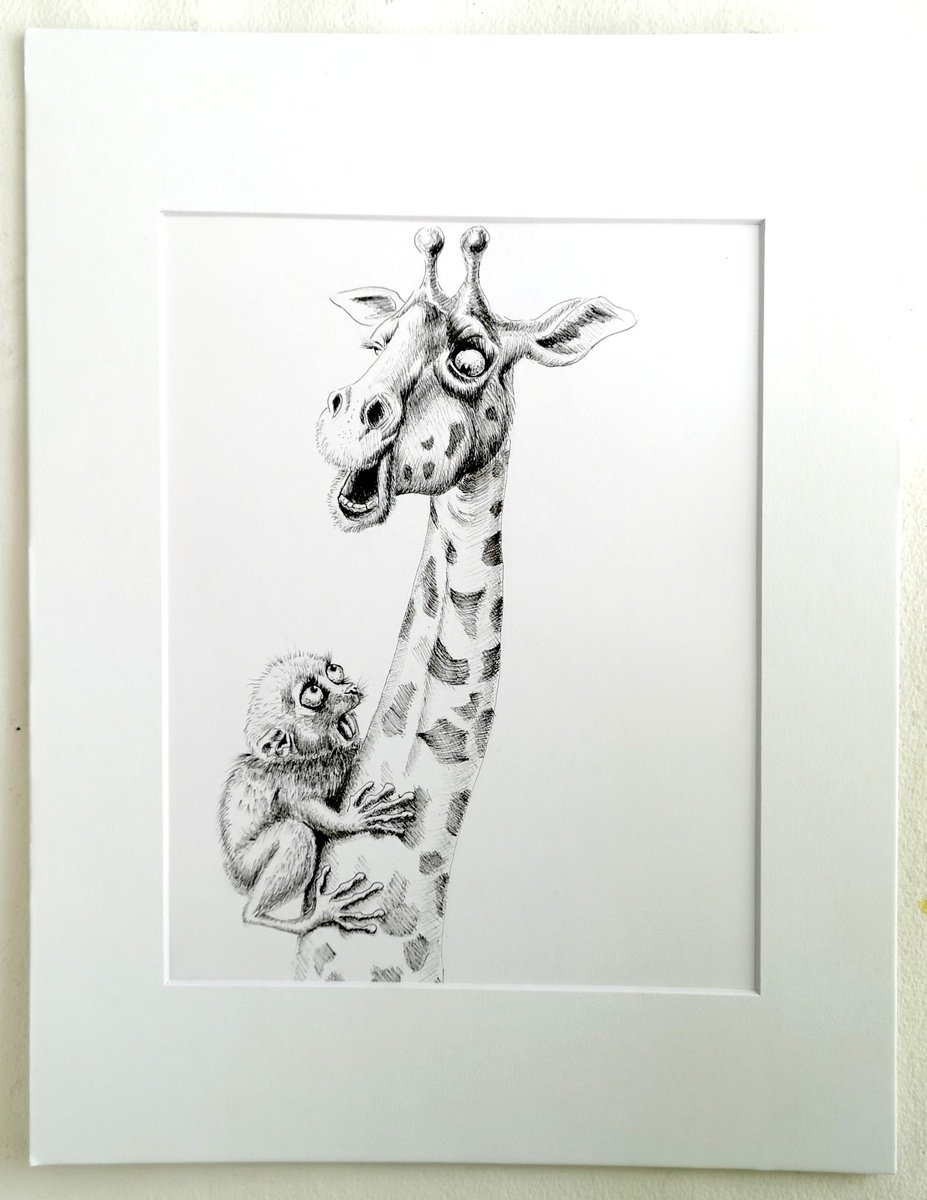Giraffe and Tarsier - One-of-a-kind Art (with a white mat measuring 11x14 inches) by Olga Shefranov (Tchefranova)