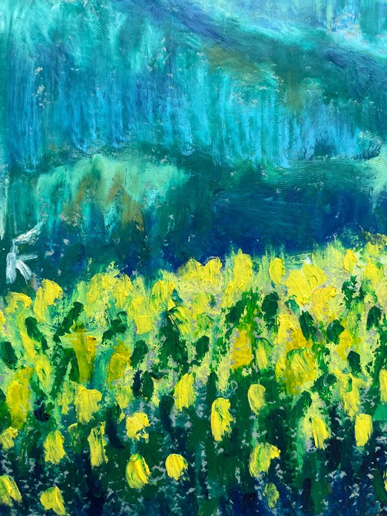 Mountain Original Painting, Oil Pastel Drawing, Green Landscape Artwork, Nature Wall Art