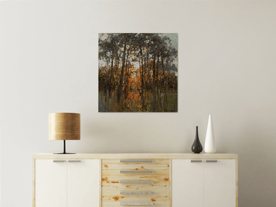 Autumn forest at sunset  Landscape painting