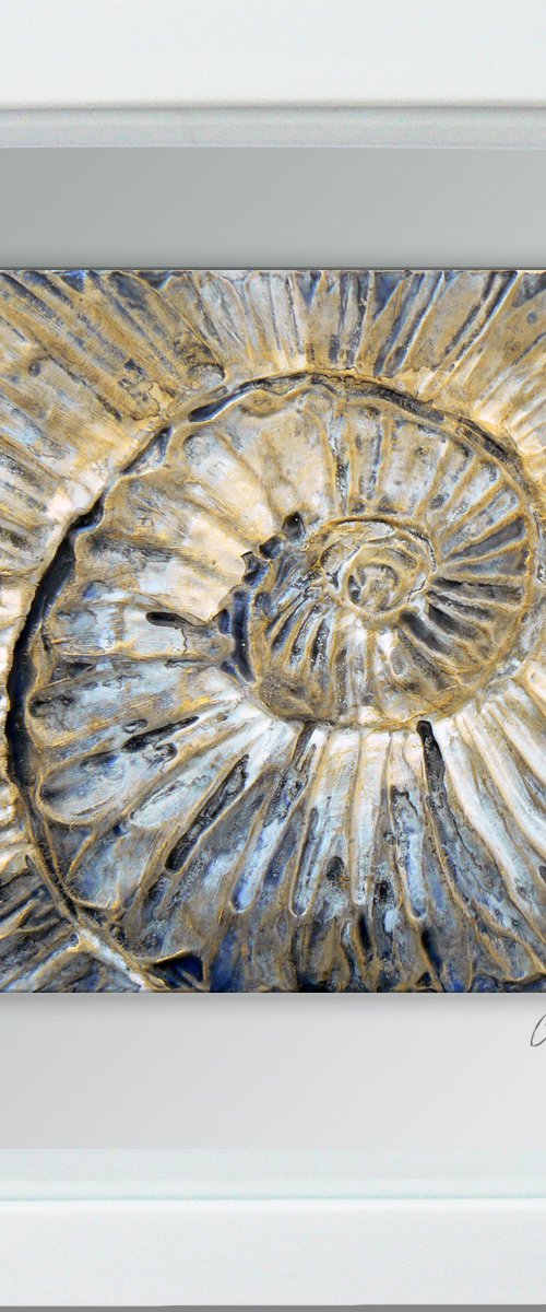 Ammonites (minimalism - ammonites textured painting in black, white and gold ) Framed, ready to hang by Carolynne Coulson
