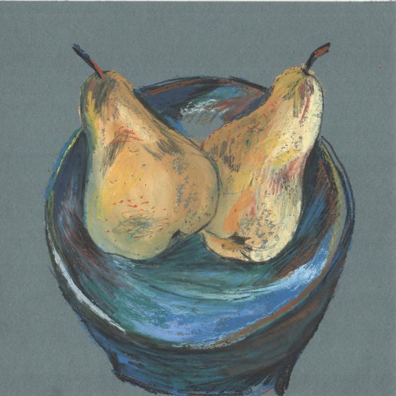 Two pears in the blue bowl