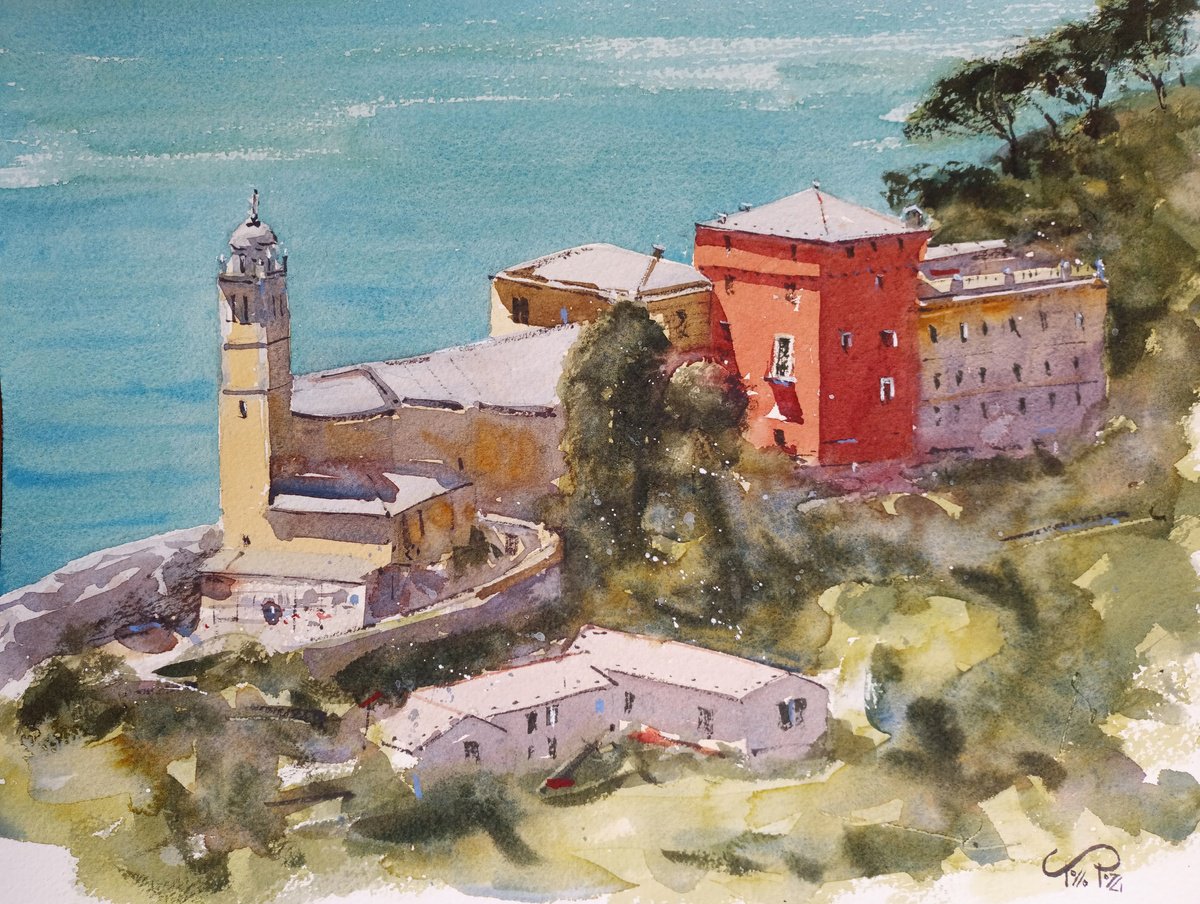 Expressive Cityscapes Watercolour By Tollo Pozzi, 16 X 12", View Of Portofino, Original Artwork