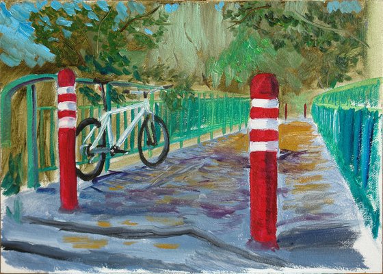 Bicycle on the bridge in the park. Pleinair painting