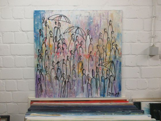 people with umbrellas - acrylpainting 90x90 cm 45,5x45,5 inch