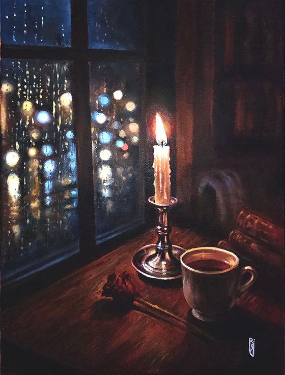 Candle and Still Life on a Rainy Night