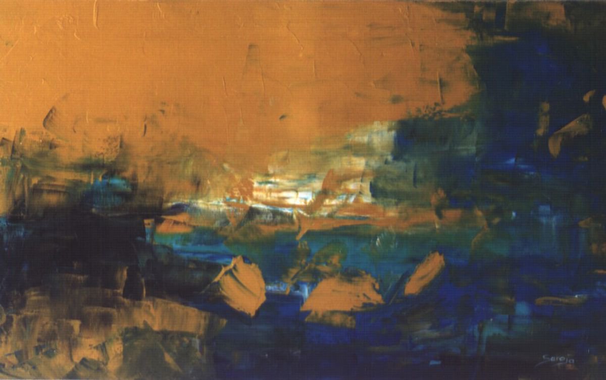 Abstract Landscape Oil Painting By Saroja Van Der Stegen, 26 X 17", Bagdad - Ochre (Ref#:402-12M), Original Artwork