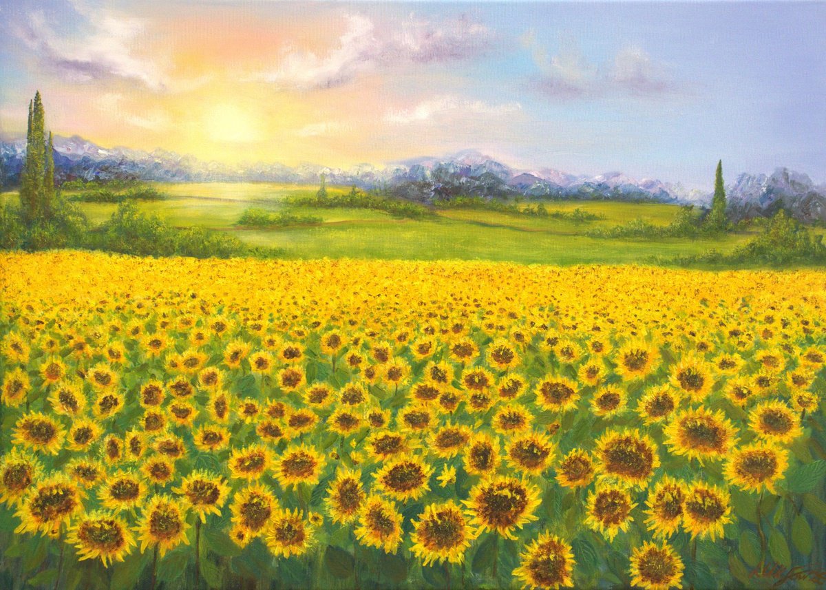 Photorealistic Oil Painting , Sunflowers Field By Ludmilla Ukrow, 28 X 20, Artwork For Sale On Artfinder