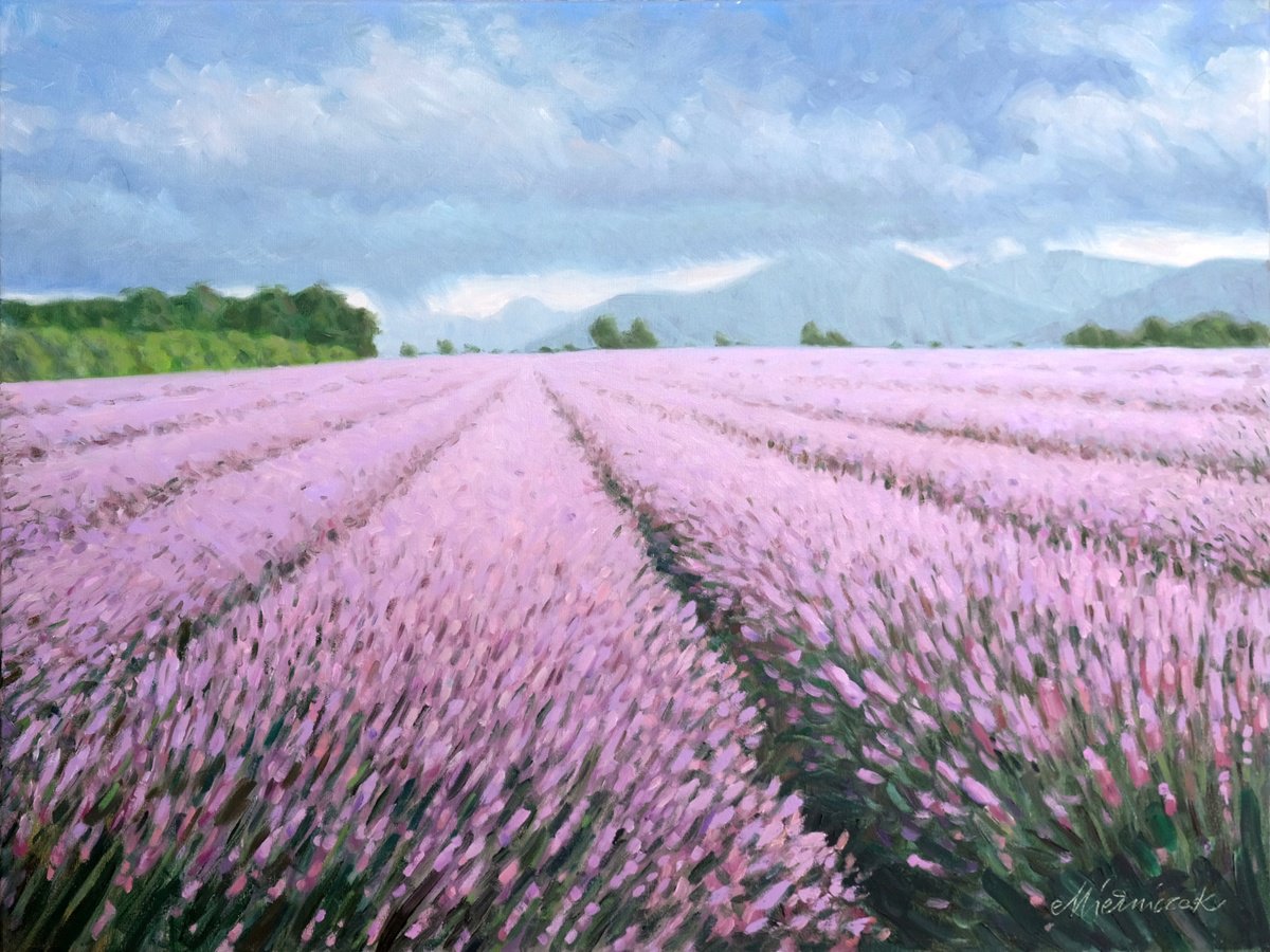 Impressionistic Landscape Oil Painting By Richard Mierniczak, 31 X 24", Lavendel Fields 1., Original Artwork