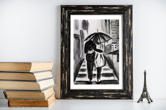 New Yorker Painting Couple Original Art Ambrella Watercolor NYC Artwork Walk Small Cityscape Home Wall Art 8 by 12" by Halyna Kirichenko