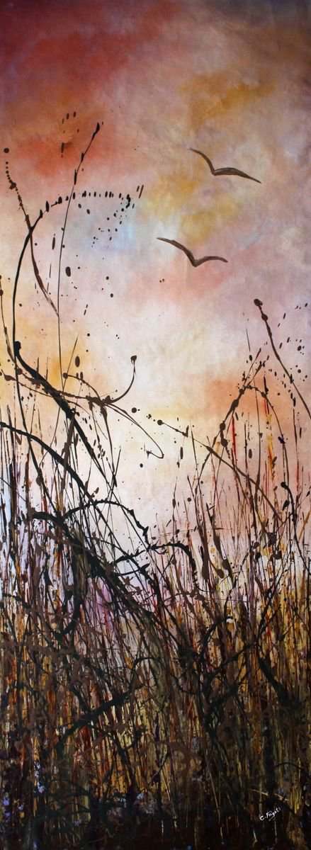 Coming Together - Large 55 x 145 cm Original abstract floral painting by Cecilia Frigati
