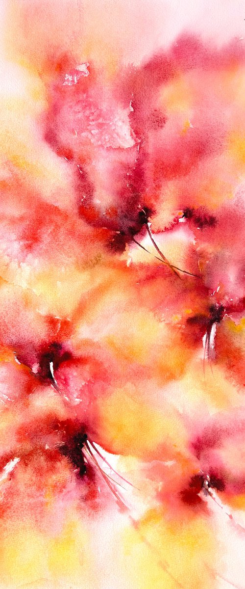 Flowers. Abstract floral painting in red and yellow colors by Olga Grigo