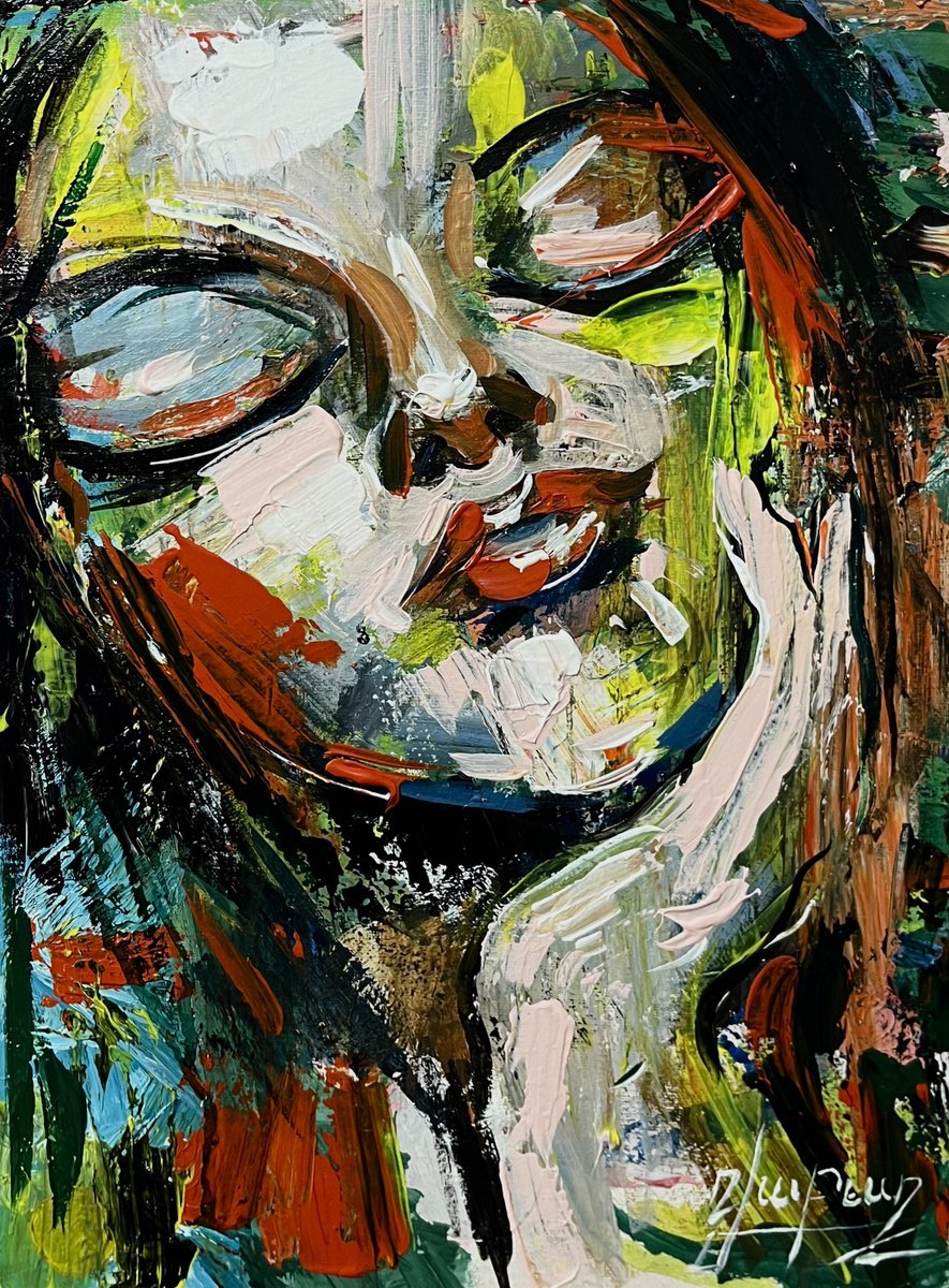 Abstract Portrait Oil Painting By Vahe Bagumyan, 12 X 16", Dreaming In Color, Original Artwork