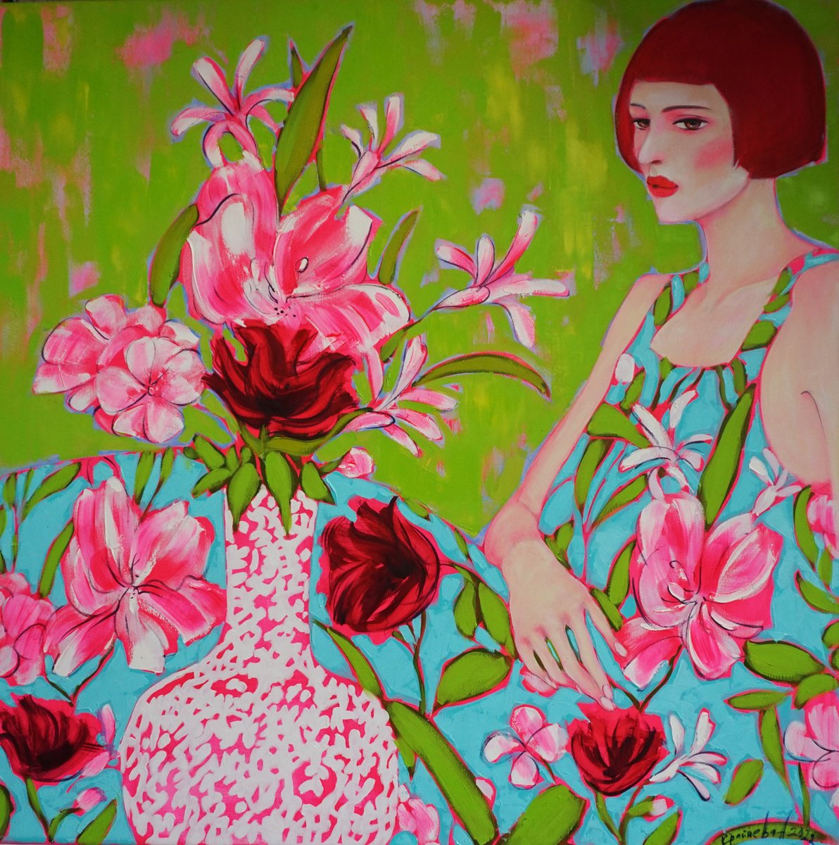 Impressionistic Portrait Oil Painting By Anastasiia Kraineva (Masniuk), 39 X 39, Plucked Flowers, Original Artwork