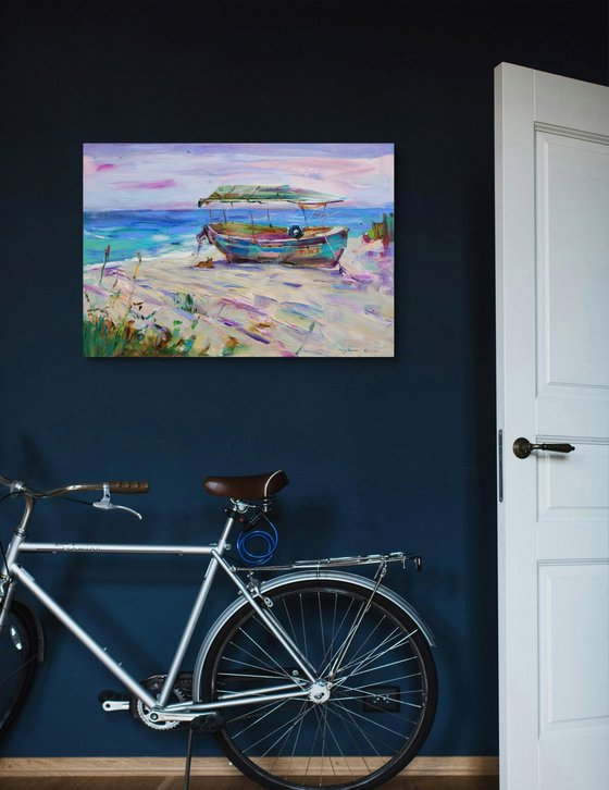 Summer . Dog and old boat