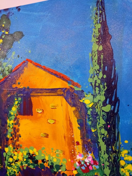 'MIDDAY IN A PROVENCE VILLAGE' - Large Acrylics Painting on Canvas