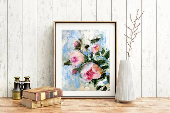 Floral Rose Painting Original Art Pink Flower Artwork Small Oil Wall Art