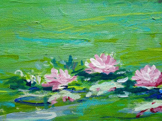 Water Lily Pond Small Floral Painting. Green Painting on Canvas. Modern Impressionism Art