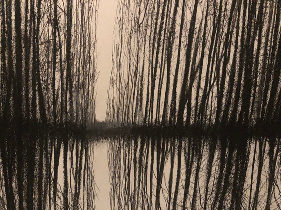 'Long Island Winter III' Charcoal & Ink Landscape Tree Water Reflection Drawing