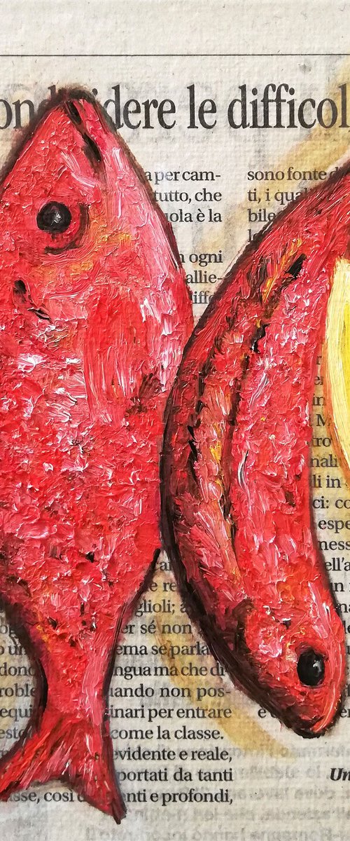 Red Mullets on Newspaper by Katia Ricci