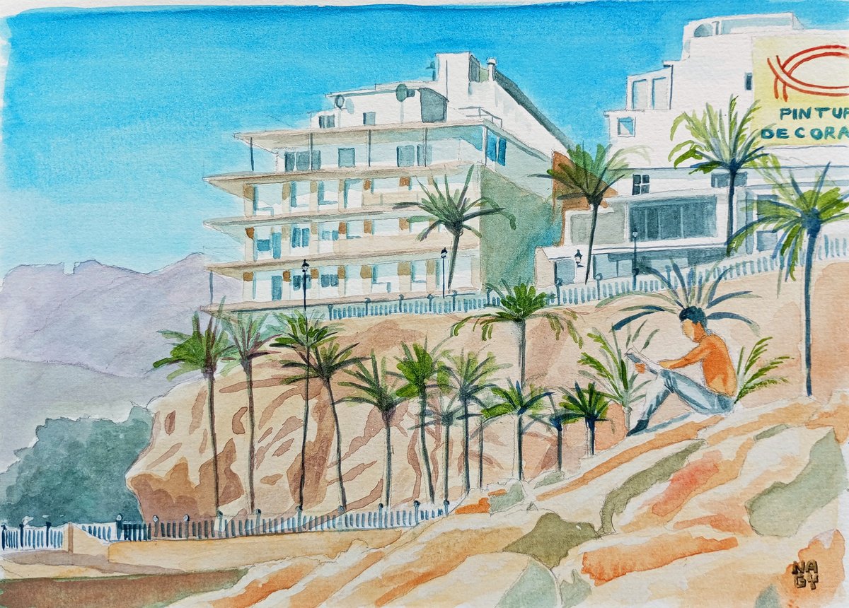 Illustrative Landscape Watercolour By Peter Nagy, 8 X 6", Benidorm, Original Artwork